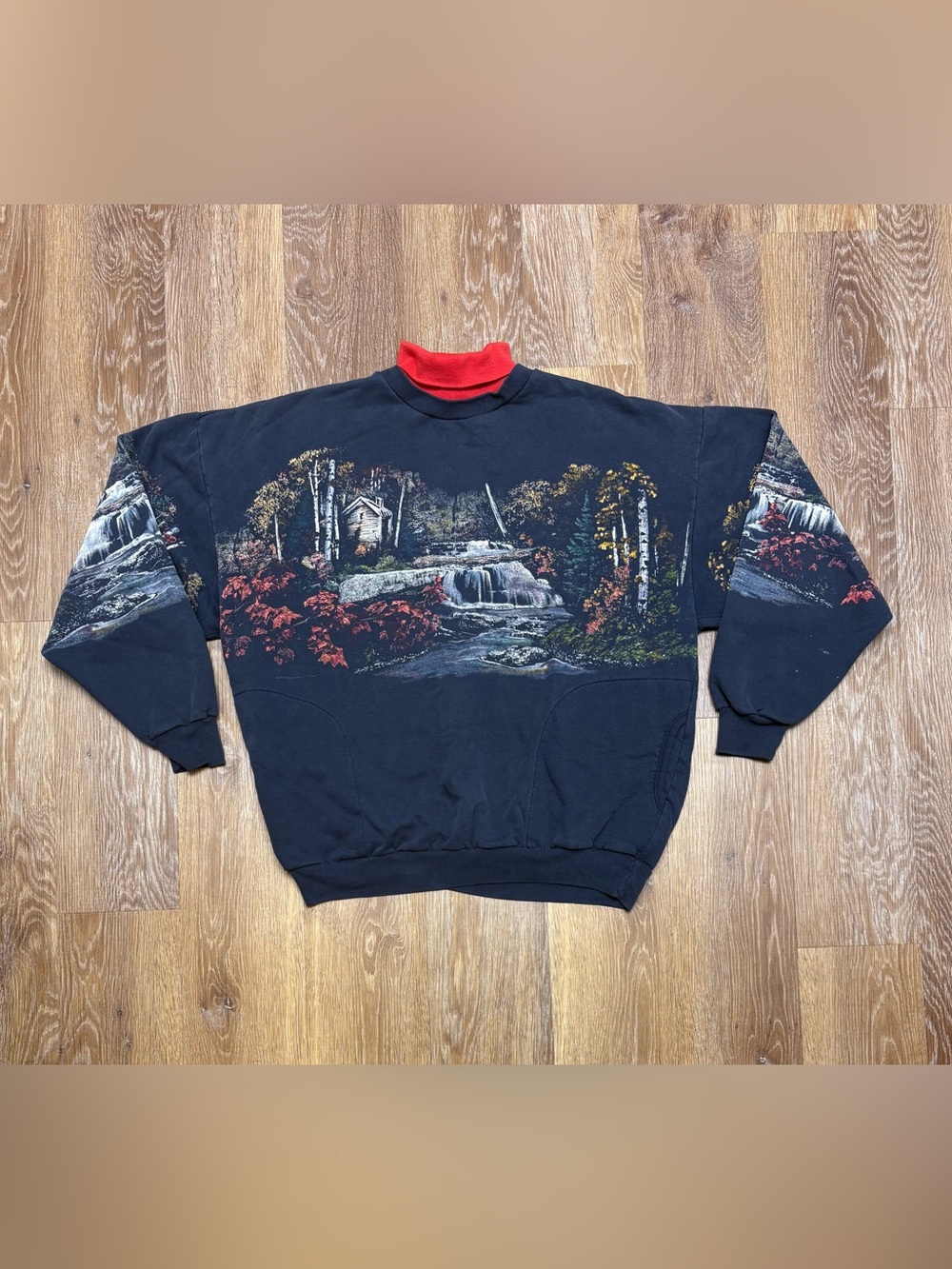 Black Scenic Graphic Turtleneck Sweater with Red Mock Neck